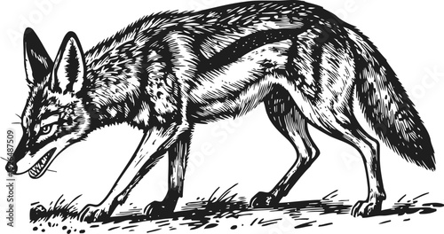 black and white illustration of a snarling wild fox walking cautiously on grass