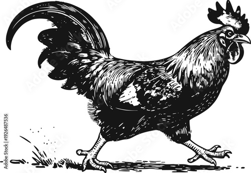 Black and white rooster illustration walking with detailed feathers and bold lines