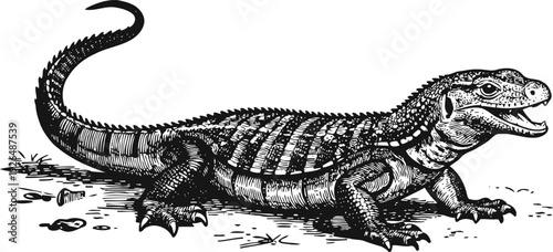 Detailed black and white illustration of a crocodile with textured scales and sharp claws