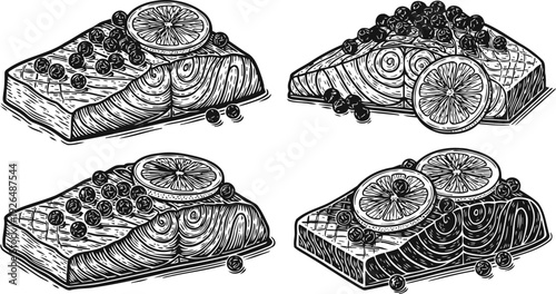 Four hand drawn salmon fillets with lemon slices and berries, elegant seafood illustration