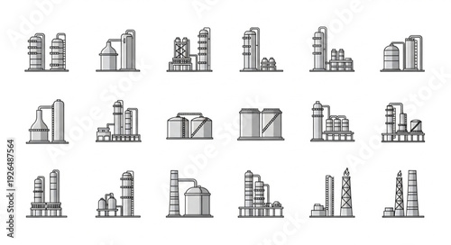 Industrial plant sketches showcasing various refinery and factory structures in monochrome.
