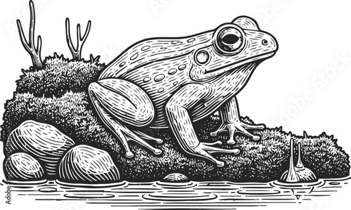 Detailed black and white illustration of a frog sitting on mossy rocks by a pond