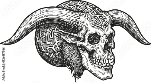 Intricate ram skull with large curved horns and detailed patterns on circular background, mystic gothic artwork