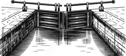 Black and white illustration of canal lock gates with waterway and brick walls, vintage engineering structure