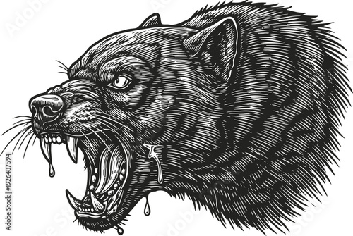 Fierce snarling panther head with open mouth and sharp teeth dripping saliva detailed black and white illustration