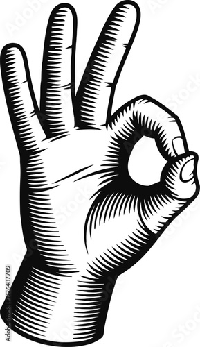 hand making okay gesture illustration in vintage engraving style, positive approval and agreement sign