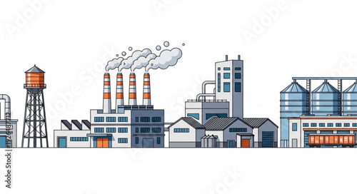 Industrial complex with smokestacks, water tower, and various buildings, representing manufacturing and production.