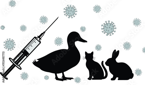 Animal vaccination concept silhouette showing syringe virus icons duck cat rabbit representing disease prevention veterinary medicine illustration