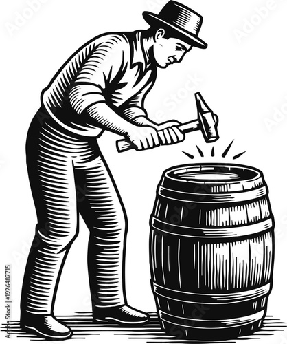Man with hammer working on wooden barrel vintage cooper craftsman making cask or keg