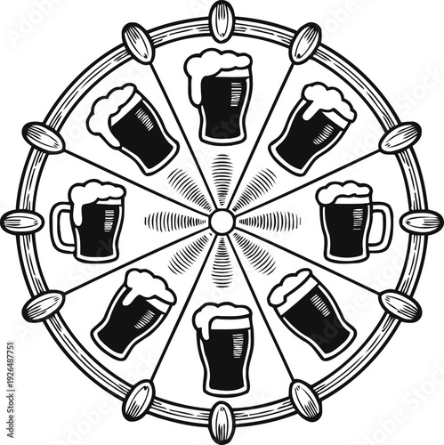 Vintage beer pint glasses arranged in a circular pattern with hops border illustration