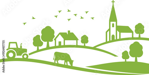 Green countryside landscape silhouette with farmhouse tractor grazing cow trees and church isolated on white background, flat vector illustration