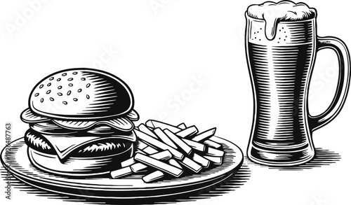 Classic cheeseburger with fries and a frothy mug of beer in vintage engraving