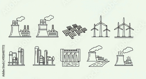 Collection of various industrial and energy production facilities in a line.