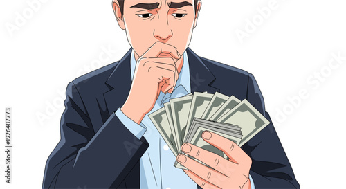 Stressed Businessman Holding Cash and Worrying About Financial Problems or Inflation.