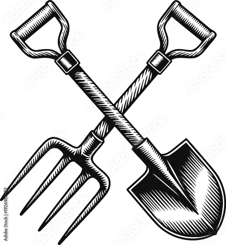 Crossed garden fork and shovel illustration vintage black and white agriculture tools engraving