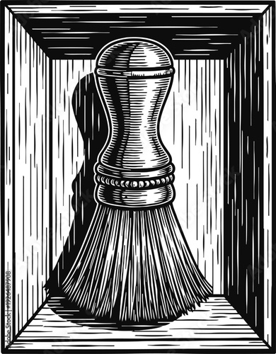 Vintage shaving brush illustration with wooden handle and bristles in a rectangular frame