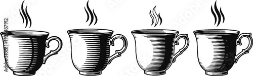 Four vintage steaming coffee cups in a row, black and white hand drawn illustration