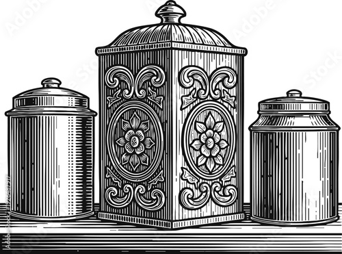 Ornate vintage canisters set with lids, decorative floral patterns, antique kitchen container collection