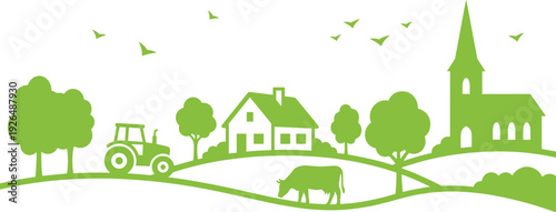 Green rural landscape silhouette with farmhouse tractor cow trees and church on hills isolated on white background, flat vector illustration