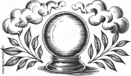 Mystical crystal ball with swirling smoke and decorative leaves, vintage magical illustration