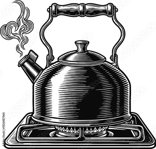 Whistling kettle on gas stove burner with steam rising vintage engraving illustration