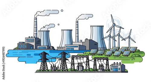 Illustration of Power Plant and Renewable Energy Sources for Electricity Production.