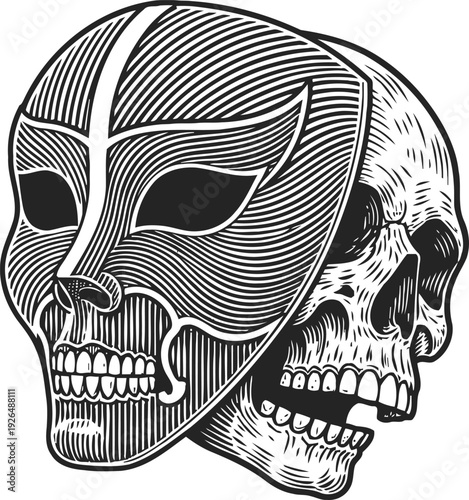 Dual skull with decorative mask design human skeleton head wearing abstract patterned face cover, gothic surreal artwork