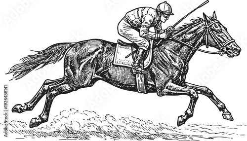 Detailed vintage illustration of a jockey riding a galloping racehorse during a horse race