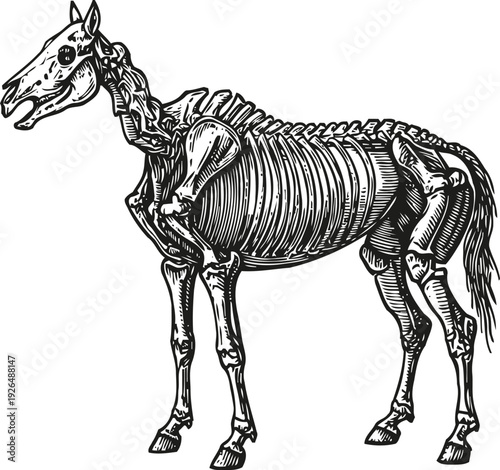Detailed horse skeleton illustration anatomical drawing of equine bones and structure in vintage engraving