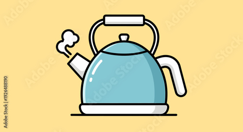 Cartoon tea kettle with boiling water and steam vector illustration on yellow background