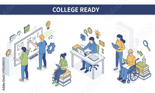 Isometric illustrations depicting students engaging in various academic activities, collaborative learning, and preparing for higher education and future success