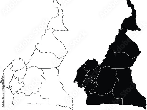 Cameroon Map with Regions Outline and Filled silhouette