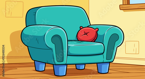 Comfortable turquoise armchair with red cushion in a cozy living room setting