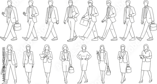 Business people walking and standing poses set, office men and women line art characters isolated on white background, vector illustration collection