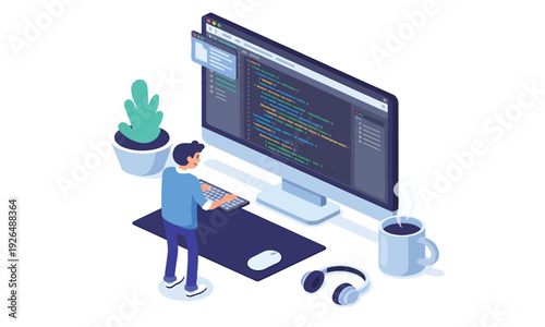 Isometric illustration of a male software developer coding at a computer, showcasing a modern workspace with programming code on screen, perfect for technology and IT concepts
