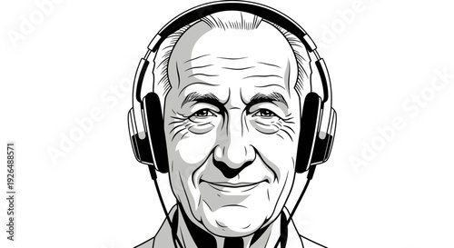 Senior Man Wearing Headphones Portrait Illustration.