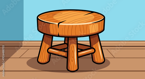 Hand drawn wooden stool with four legs and support bars on floor