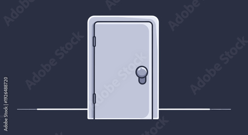 Minimalist white door in a dark room with a shiny knob and floor line, cartoon vector