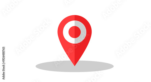 Red map pointer icon with white and red concentric circles on a grey shadow, indicating a location pin