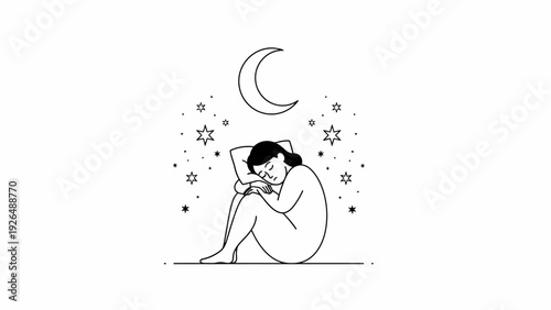 Minimalist Illustration of a Woman Sleeping Under the Moon and Stars.