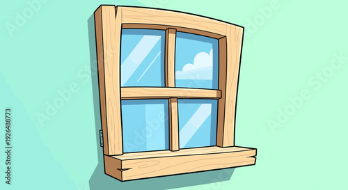 Rustic wooden window frame with blue glass and sky reflection cartoon style vector