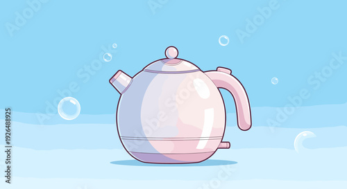 White electric kettle with pink accents on blue background illustration