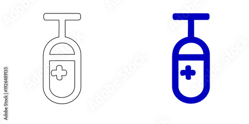 Medical IV drip vector icon set featuring blue outline and solid hanging bottle illustrations for hospital treatment and intravenous therapy design.