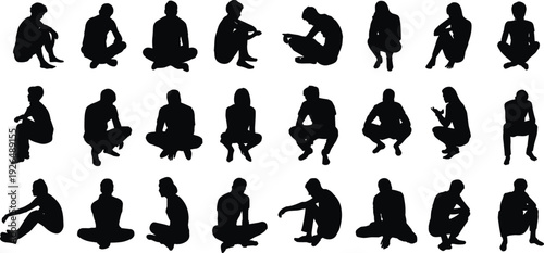 Collection of sitting and squatting people silhouettes isolated on white background showing casual poses, meditation positions and everyday body language