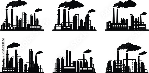 Industrial factory silhouette set with smokestacks oil refinery plants and pollution smoke isolated on white background, flat vector illustration