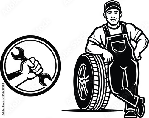 auto repair mechanic with tire and wrench icon logo black and white vector illustration