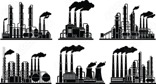 Industrial plant and refinery silhouette collection, factory buildings with smokestacks and pipelines isolated on white background, flat vector illustration