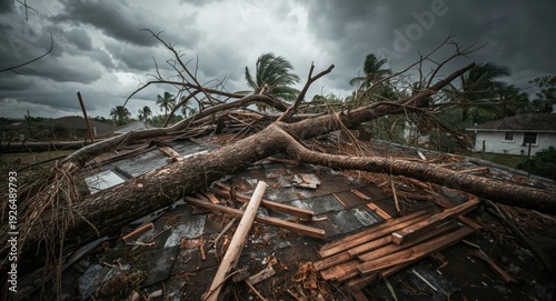 Severe storm damage to residential roof with large fallen tree after tropical winds
