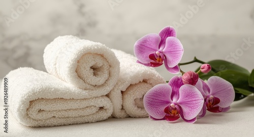 Tranquil spa environment featuring absorbent terry towels and artistic pink and lilac Phalaenopsis orchid decor