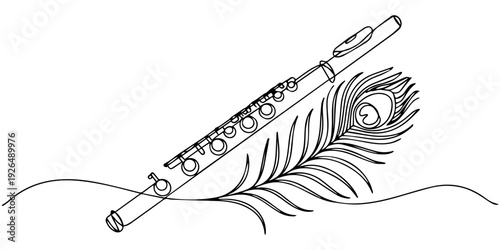 krishna flute continuous one line drawing, krishna flute hinduism line icon vector. krishna flute hinduism sign, flute with peacock feather, Peacock Feather and Flute line art vector design. Peacock.